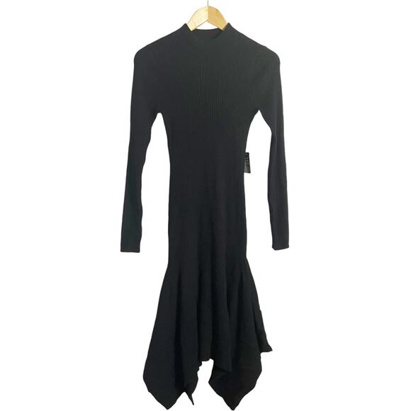 Express Black Ribbed Knit Long Sleeve Mock Neck Asymmetric Sweater Midi Dress M - Picture 3 of 13
